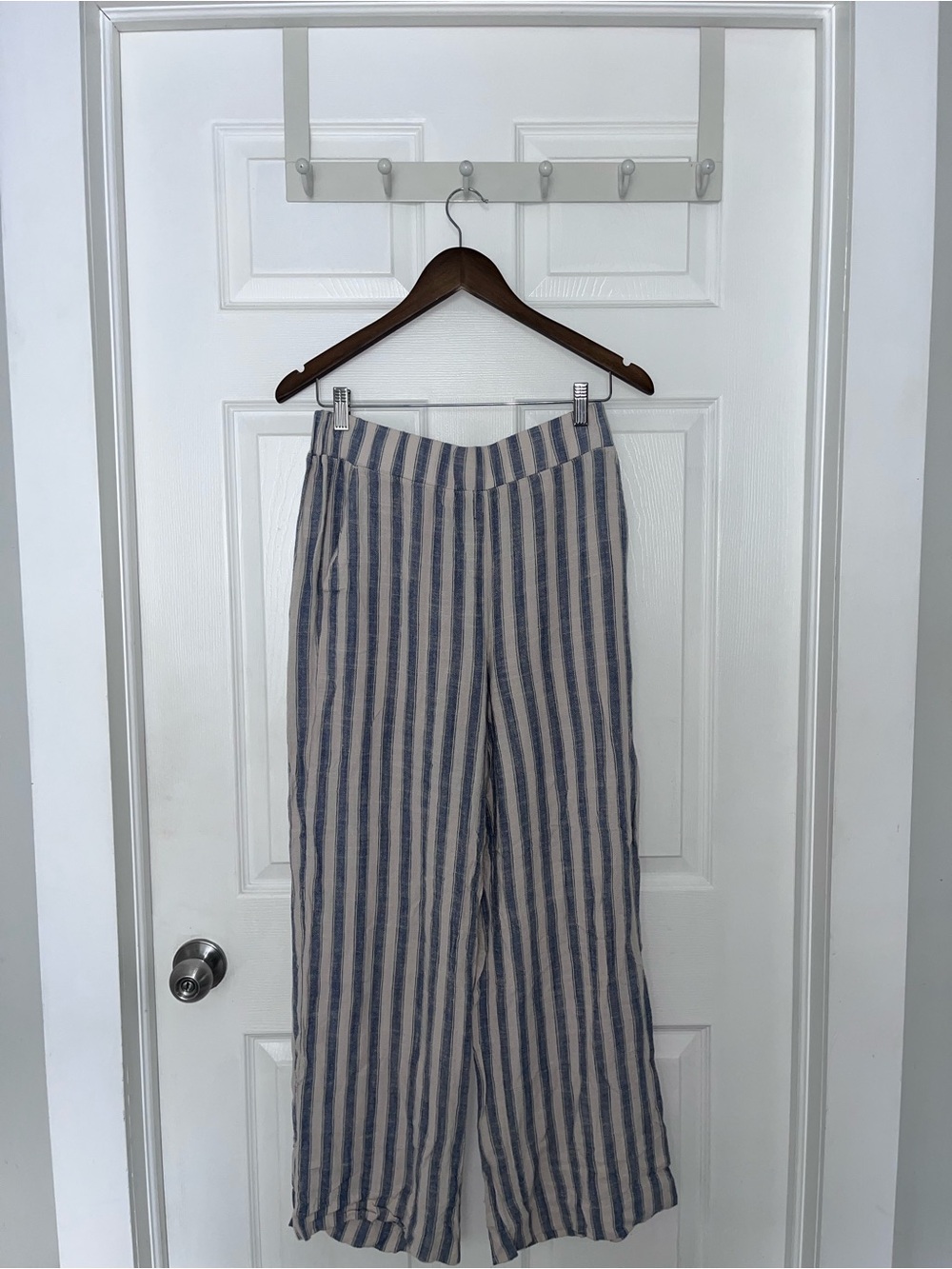 Striped Wide Leg Linen Pants in Beige and Blue